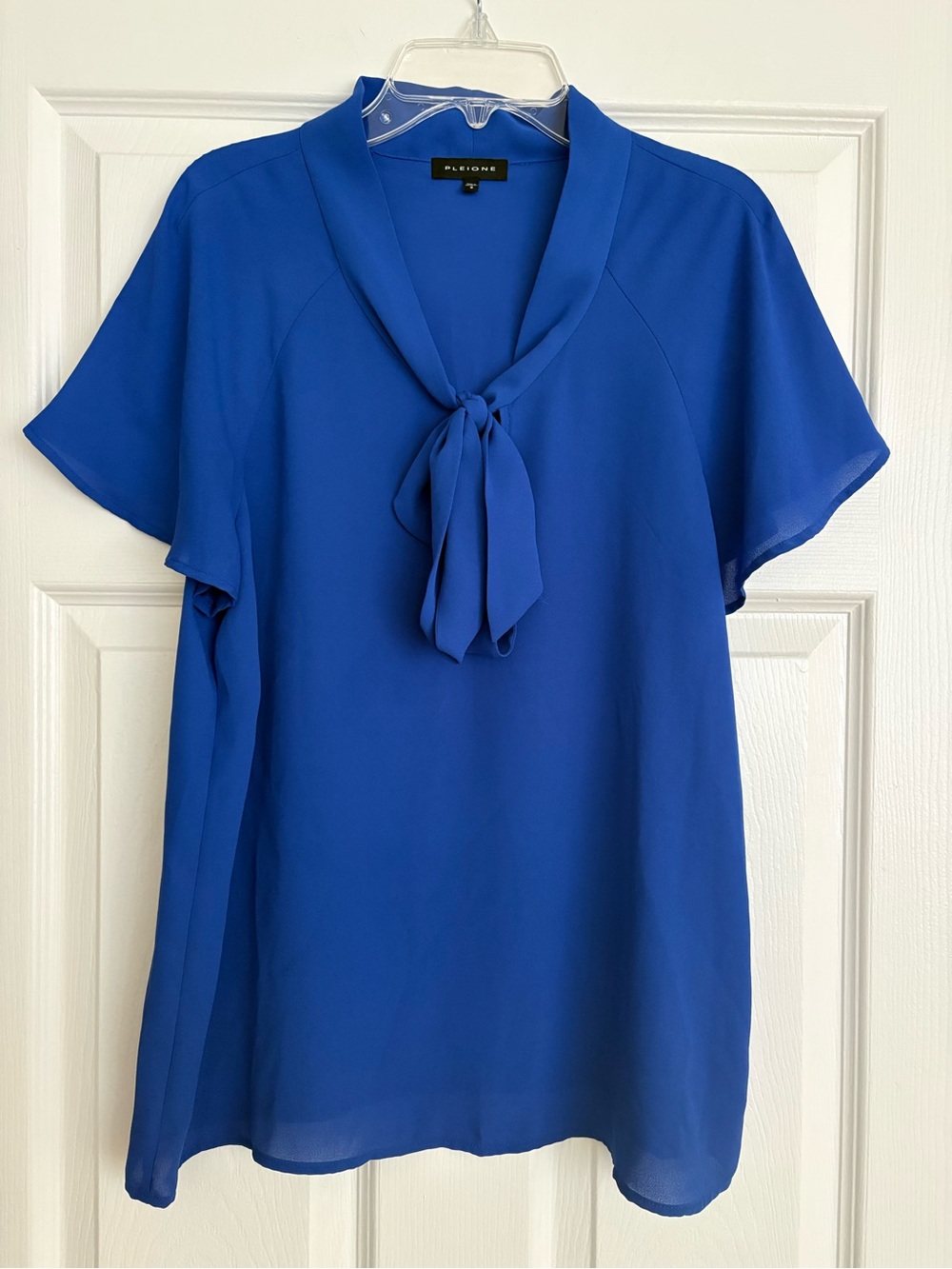 Pleione Royal Blue Tie-Neck Short Sleeve Blouse